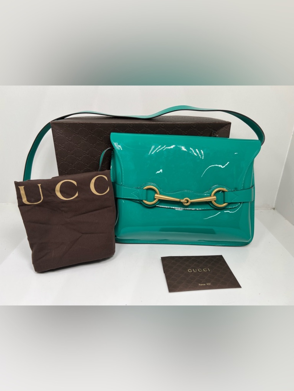 Gucci Horsebit 1955 Patent Leather Shoulder Crossbody Bag Green w/ Box Dust Bag
